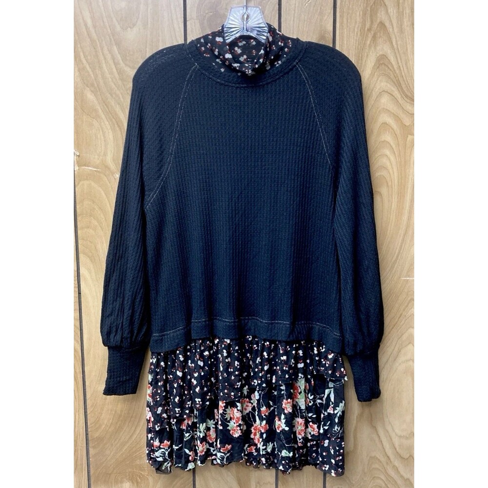 FREE PEOPLE black pink floral mesh tiered Opposites Attract mini dress XS